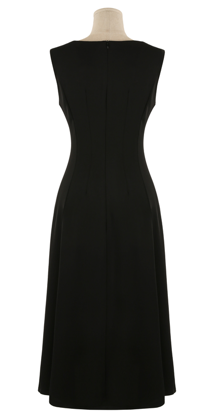 Elegant Sleeveless Black Flare Dress with V-Neck and Wide Shoulder Line