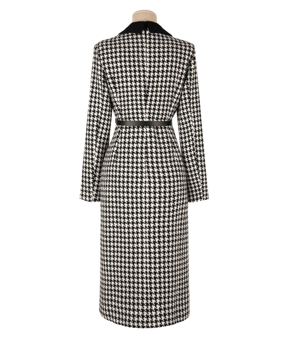 Houndstooth Pattern Tweed Dress with Tailored Collar