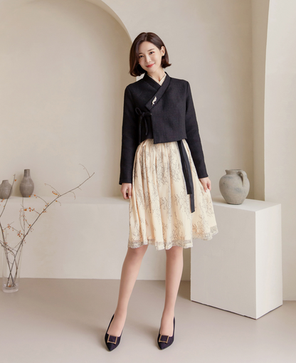 Feminine Floral Lace Modern Hanbok Wrap Dress