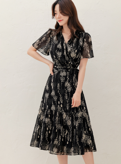 Airy Floral Chiffon Dress with a Softly Defined Wrap Waist