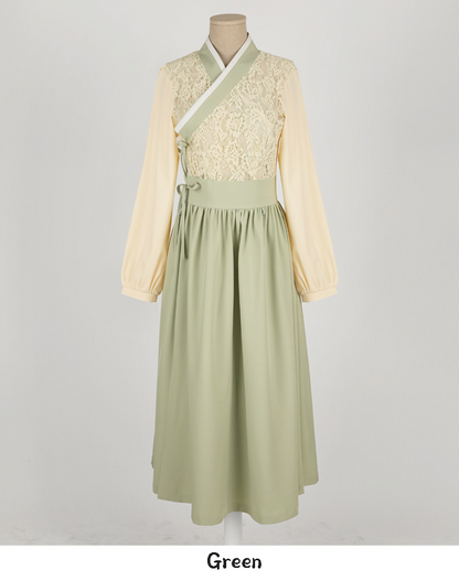 Floral Lace Wrap Modern Hanbok Dress in Green and Blue