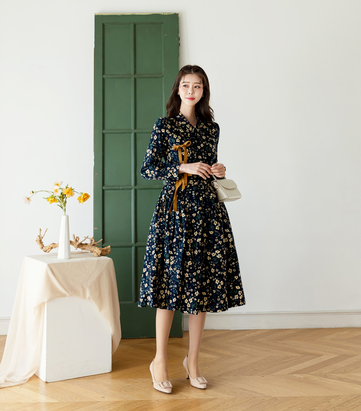 Brushed Fleece Modern Hanbok Wrap Dress with All-Over Small Floral Print