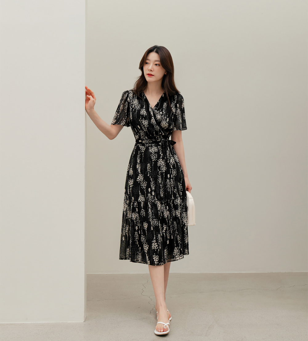 Airy Floral Chiffon Dress with a Softly Defined Wrap Waist