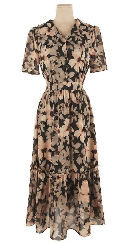 Floral chiffon dress with wide flat collar, frill trim, and puff short sleeves, featuring a gently cinched waist for a feminine silhouette.