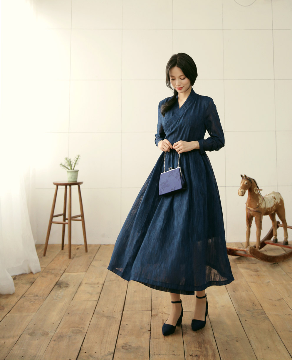 Elegant Feminine Modern Hanbok Wrap Dress Navy Color