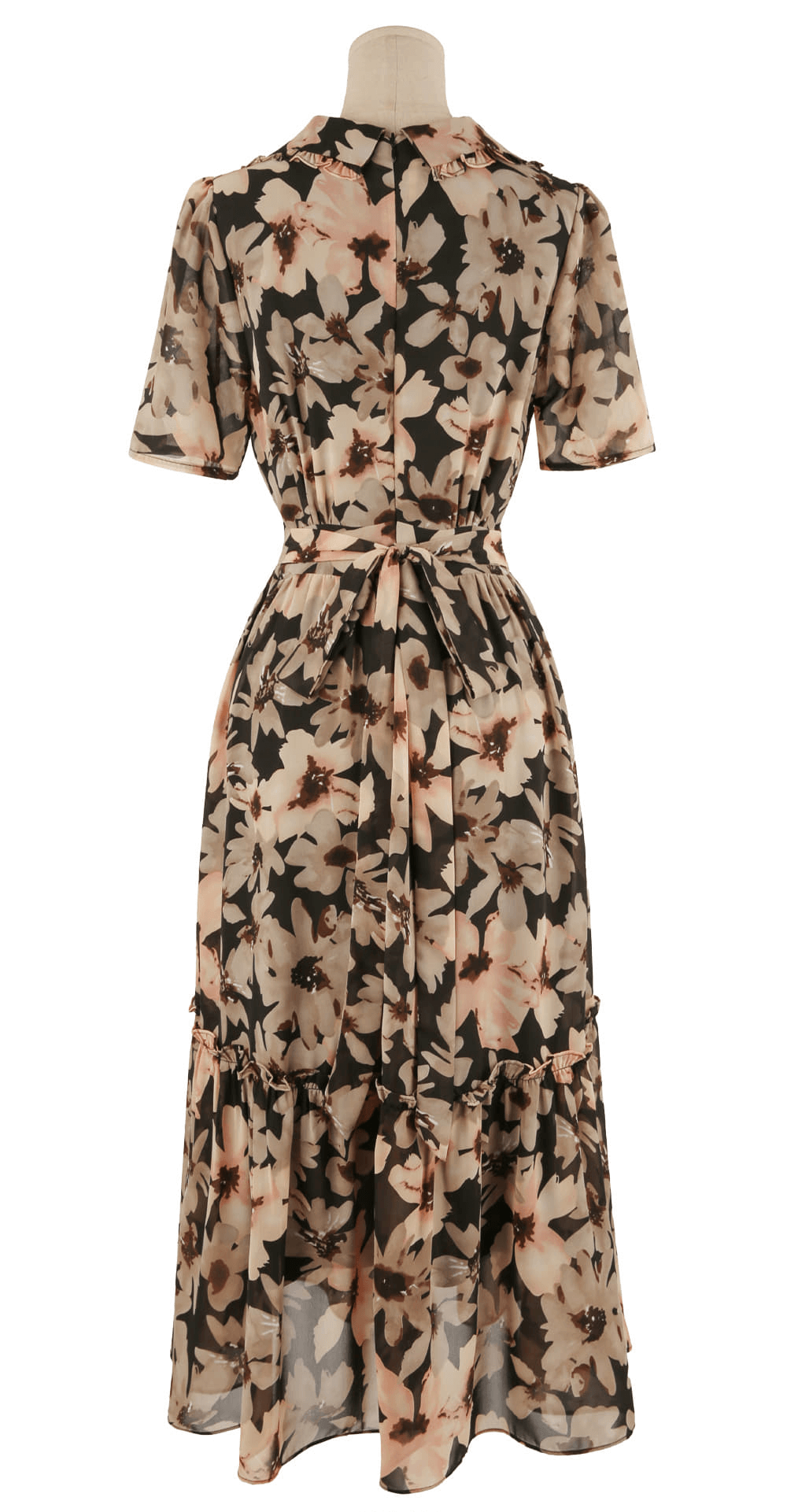 Back view of floral chiffon dress with wide flat collar, puff short sleeves, and cinched waist, showcasing flowy lightweight fabric.
