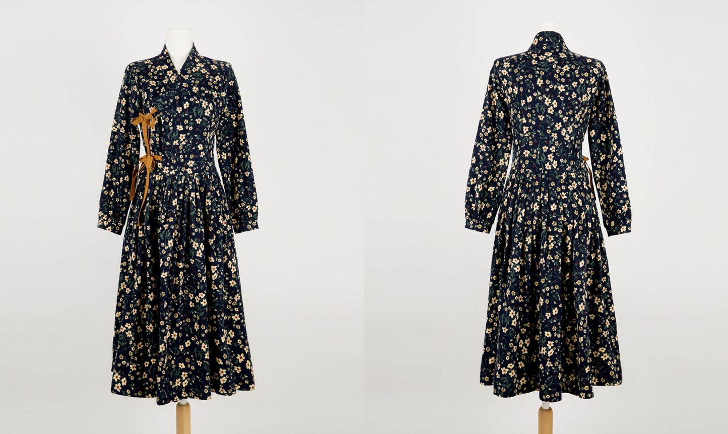 Brushed Fleece Modern Hanbok Wrap Dress with All-Over Small Floral Print