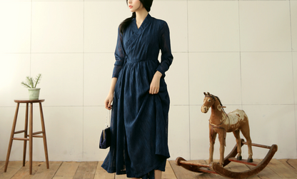 Elegant Feminine Modern Hanbok Wrap Dress Navy Color