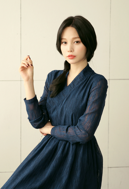 Elegant Feminine Modern Hanbok Wrap Dress Navy Color