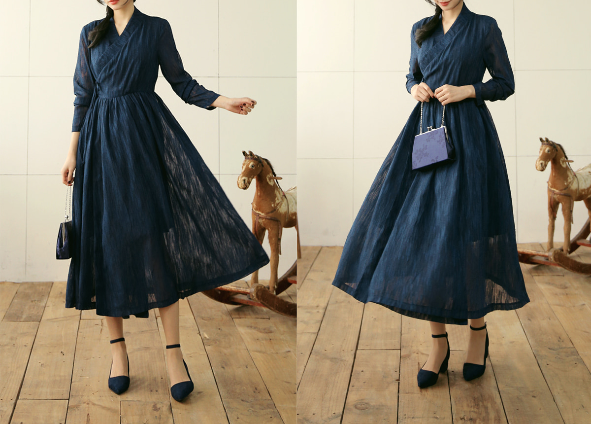 Elegant Feminine Modern Hanbok Wrap Dress Navy Color