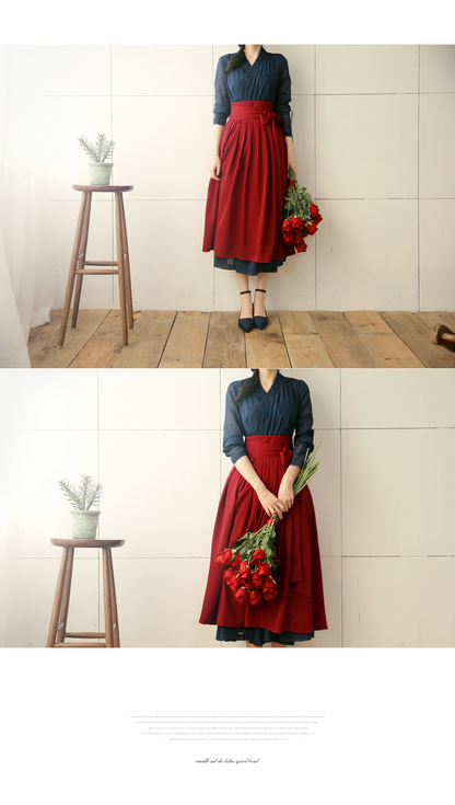 Elegant Feminine Modern Hanbok Wrap Dress Navy Color