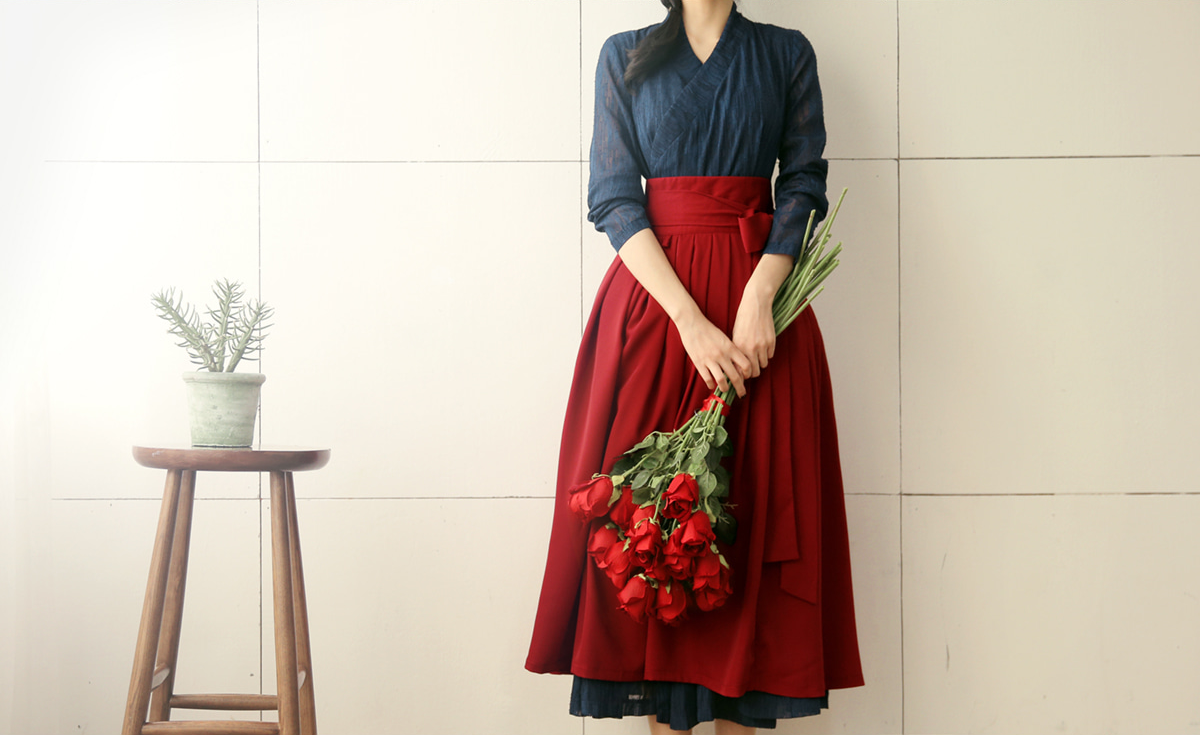 Elegant Feminine Modern Hanbok Wrap Dress Navy Color