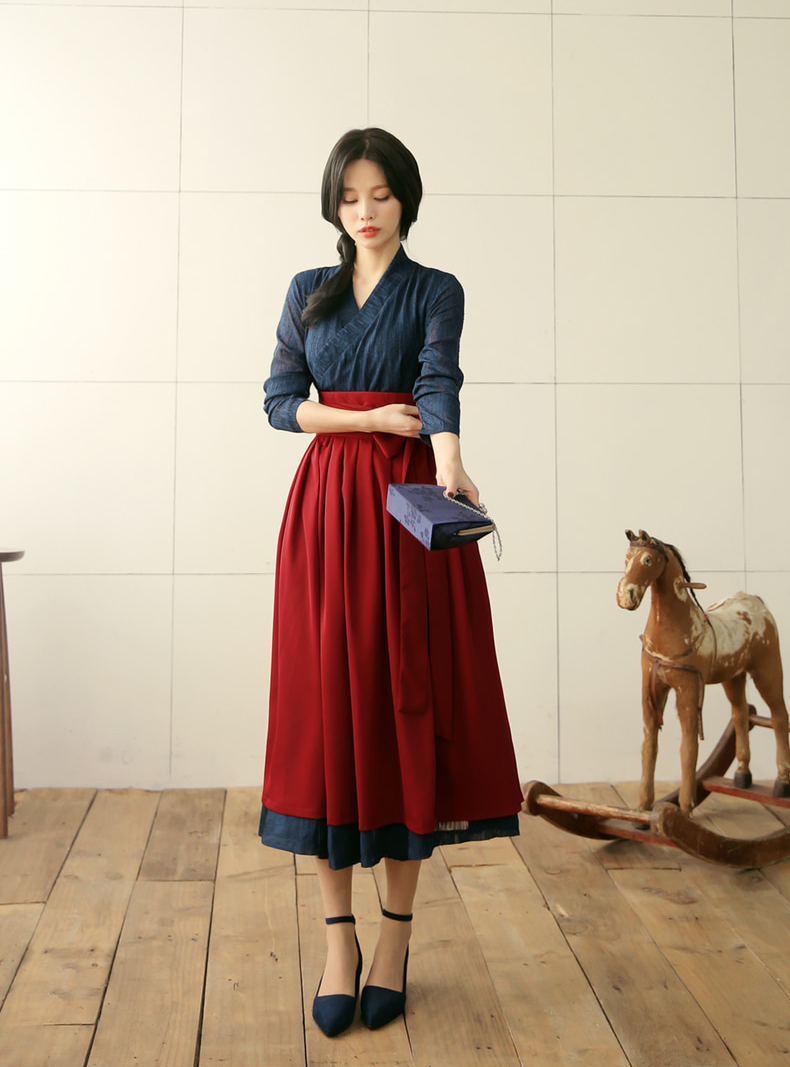 Elegant Feminine Modern Hanbok Wrap Dress Navy Color