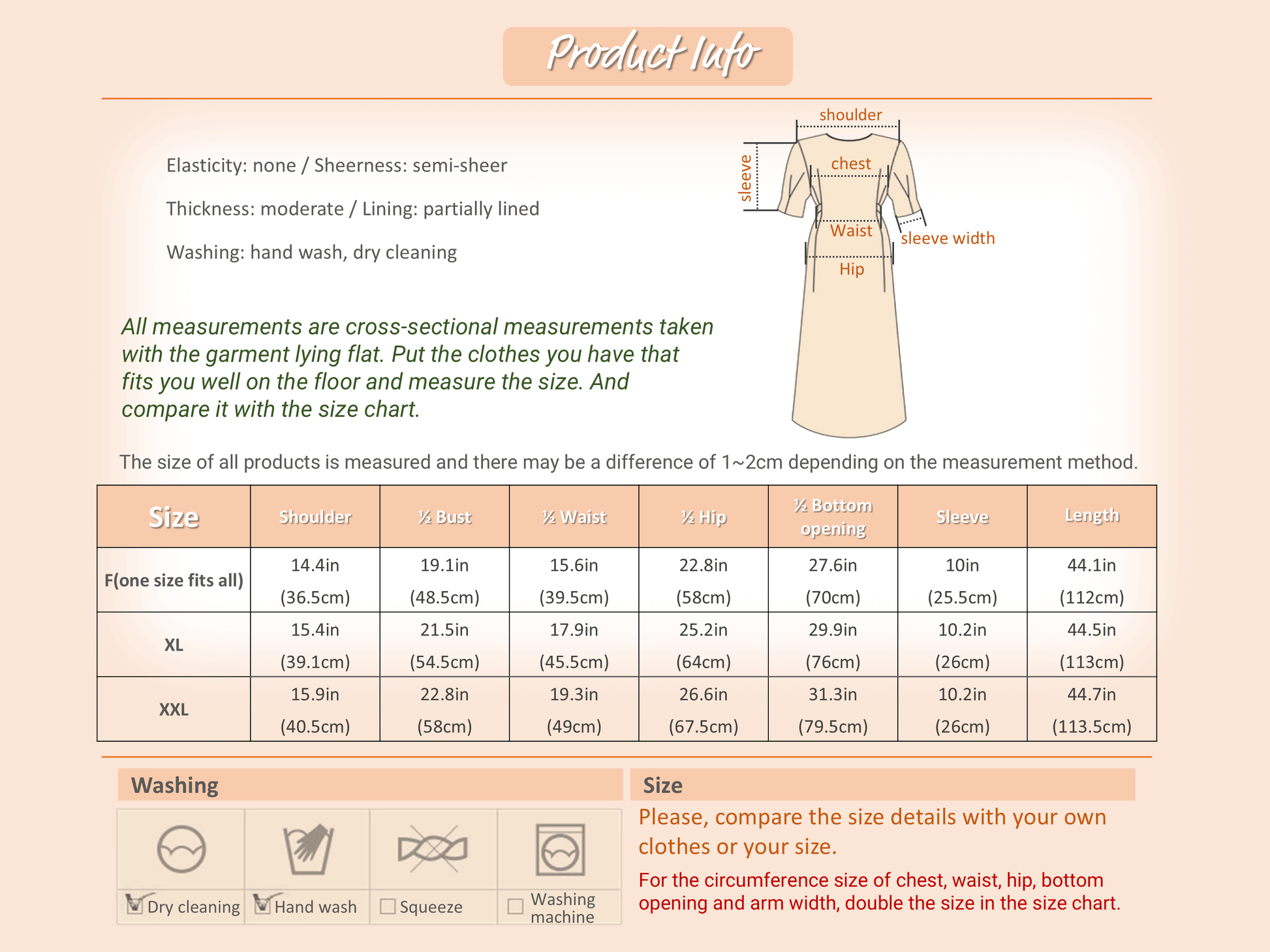 Product size chart and care instructions for chiffon shirt dress, includes washing symbols and measurements for different sizes.