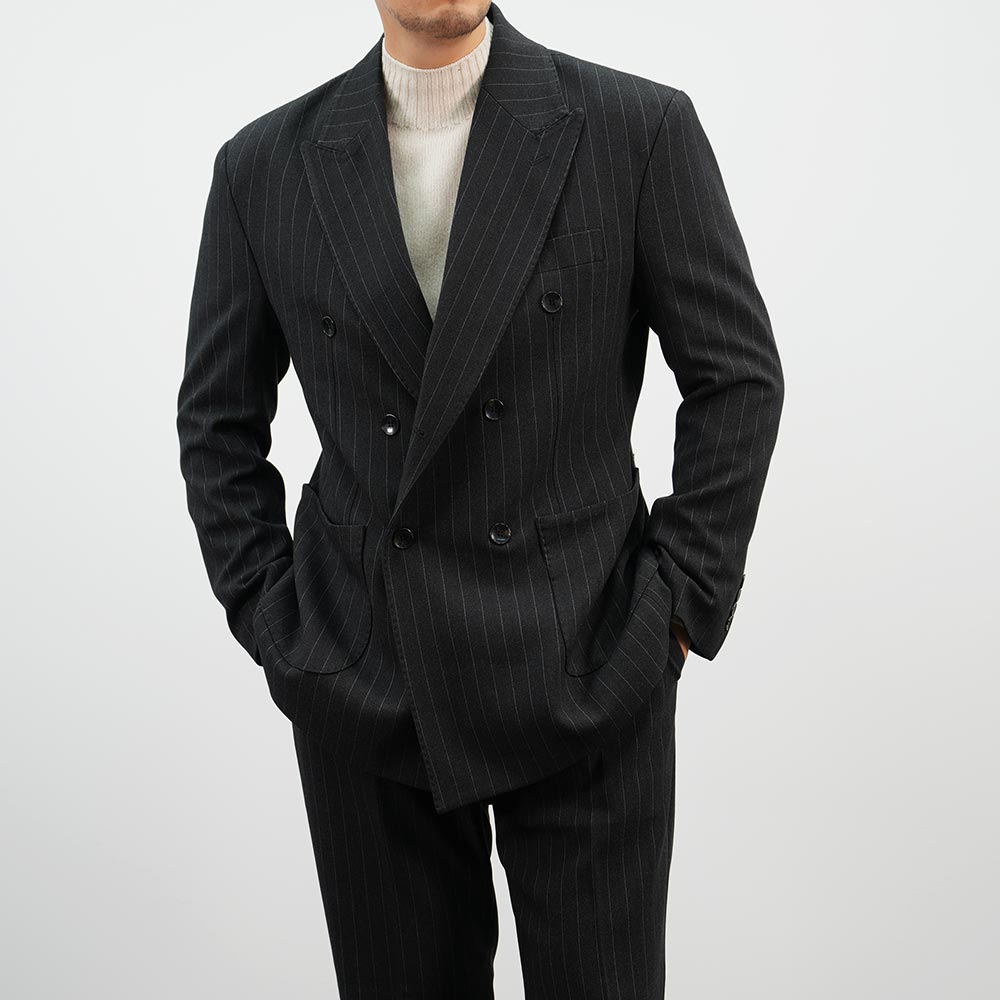 Charcoal Gray Wool Striped Double Suit Jacket