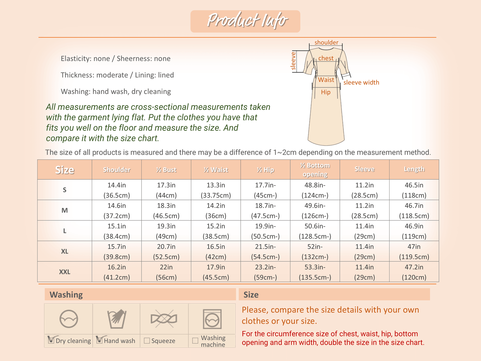 Pleated dress size chart with washing instructions, showing garment measurements for chest, waist, hip, and length in various sizes.