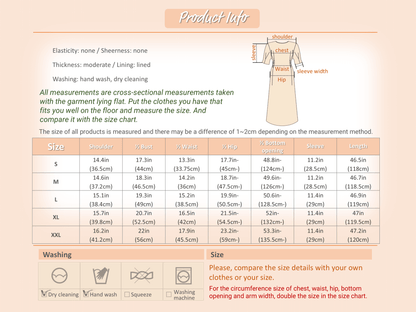 Pleated dress size chart with washing instructions, showing garment measurements for chest, waist, hip, and length in various sizes.