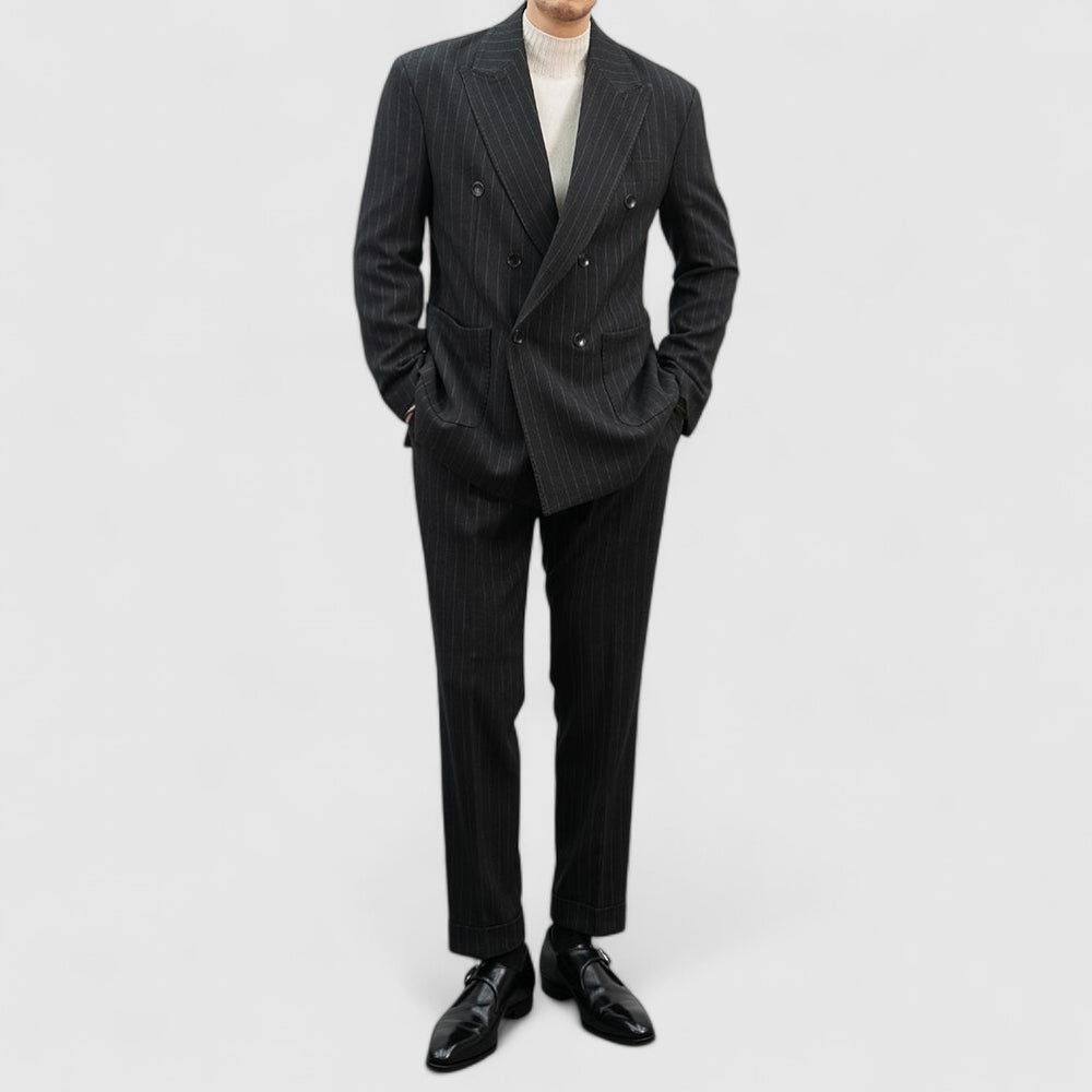 Charcoal Gray Wool Striped Double Suit Jacket