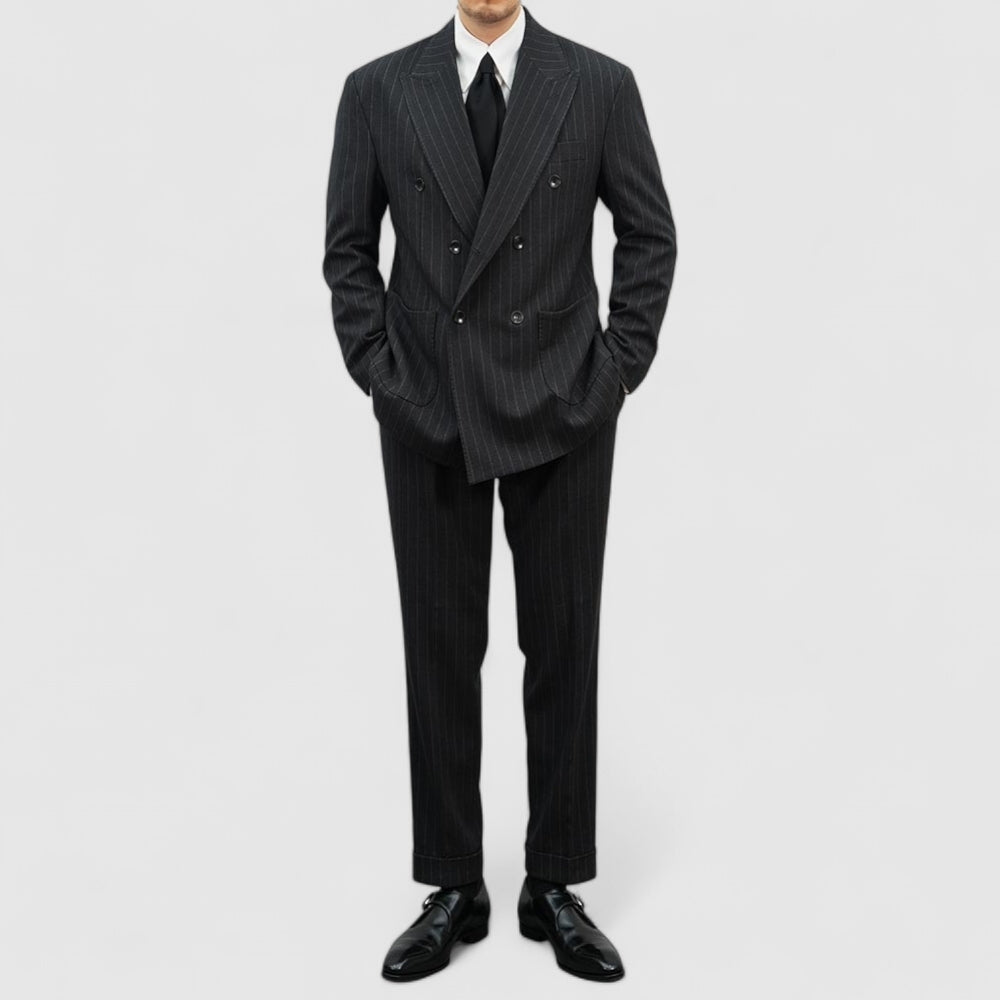 Charcoal Gray Wool Striped Double Suit Jacket