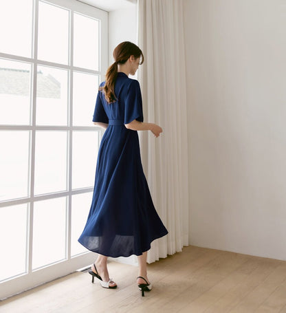 Navy draped Midi Dress / V-neck Spring Summer Long Dress / Korean Style Women Dress / Elegant Feminin Dress / Plus Size Dress