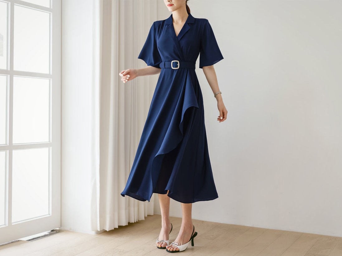 Navy draped Midi Dress / V-neck Spring Summer Long Dress / Korean Style Women Dress / Elegant Feminin Dress / Plus Size Dress