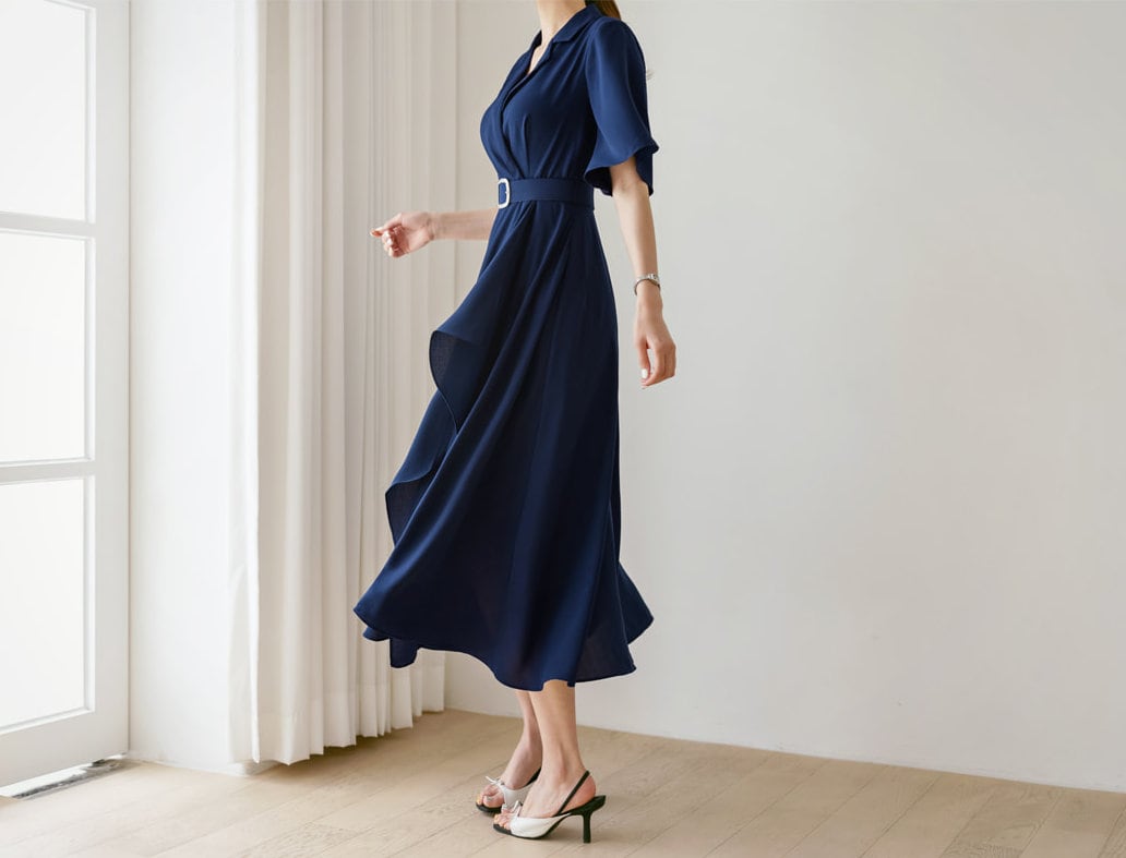 Navy draped Midi Dress / V-neck Spring Summer Long Dress / Korean Style Women Dress / Elegant Feminin Dress / Plus Size Dress