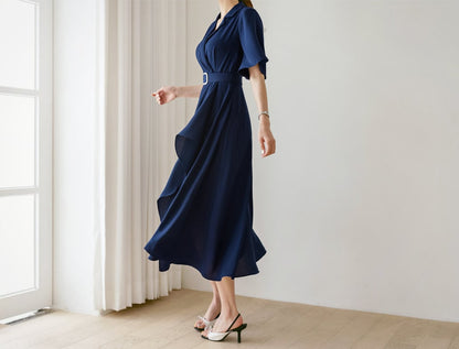 Navy draped Midi Dress / V-neck Spring Summer Long Dress / Korean Style Women Dress / Elegant Feminin Dress / Plus Size Dress