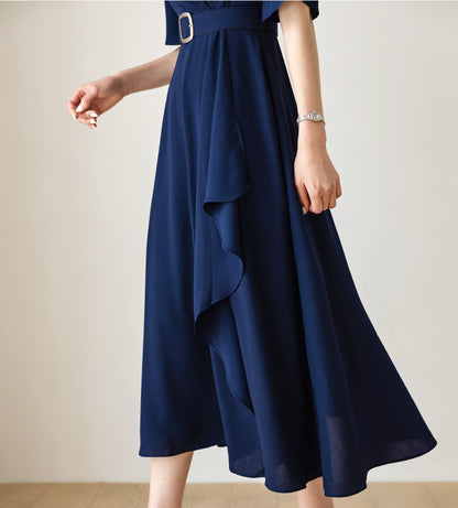 Navy draped Midi Dress / V-neck Spring Summer Long Dress / Korean Style Women Dress / Elegant Feminin Dress / Plus Size Dress