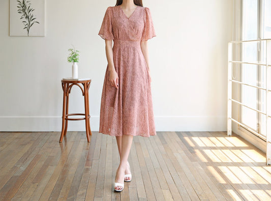 Floral Chiffon Long Dress / Korean Style Women Dress / V-neck Short Sleeve Spring Summer Midi Dress / Bridesmaid Dress / Plus Size Dress