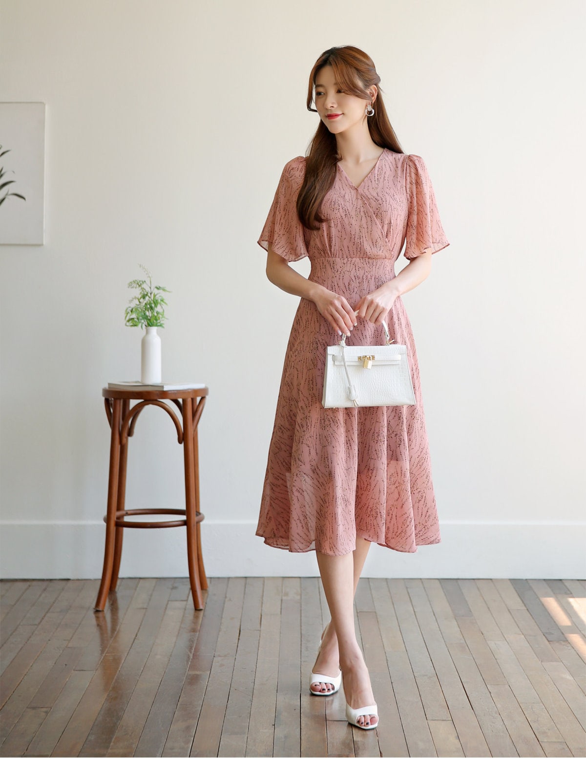 Floral Chiffon Long Dress / Korean Style Women Dress / V-neck Short Sleeve Spring Summer Midi Dress / Bridesmaid Dress / Plus Size Dress