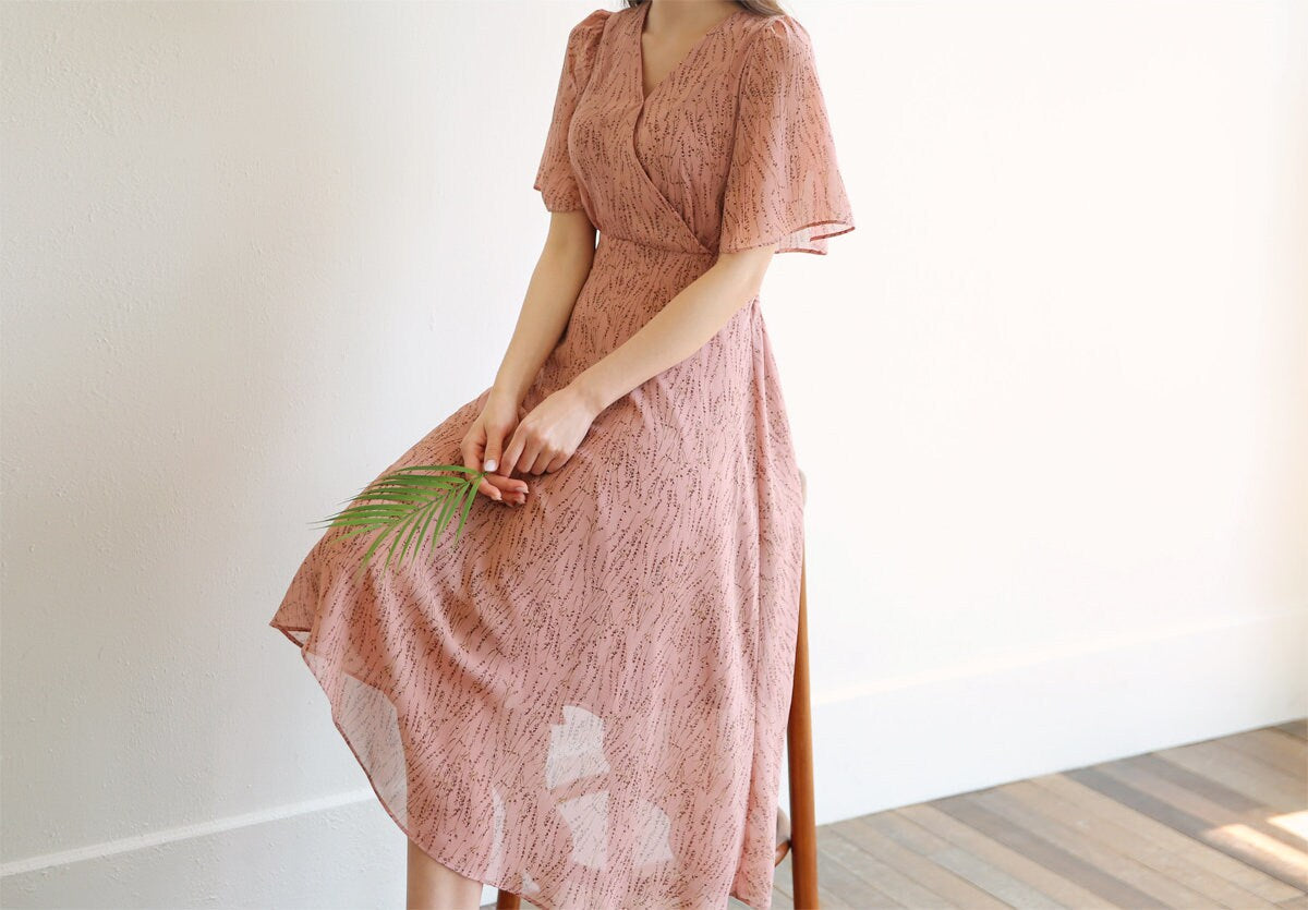 Floral Chiffon Long Dress / Korean Style Women Dress / V-neck Short Sleeve Spring Summer Midi Dress / Bridesmaid Dress / Plus Size Dress