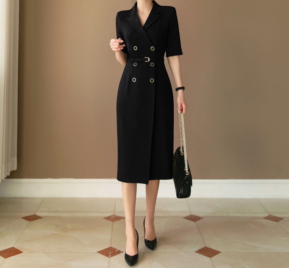 Korean Style Double Breasted Blazer Dress / V Neck Elegant Feminin Long Dress with Belt / Short Sleeve Modern Chic Midi Dress / Plus Size