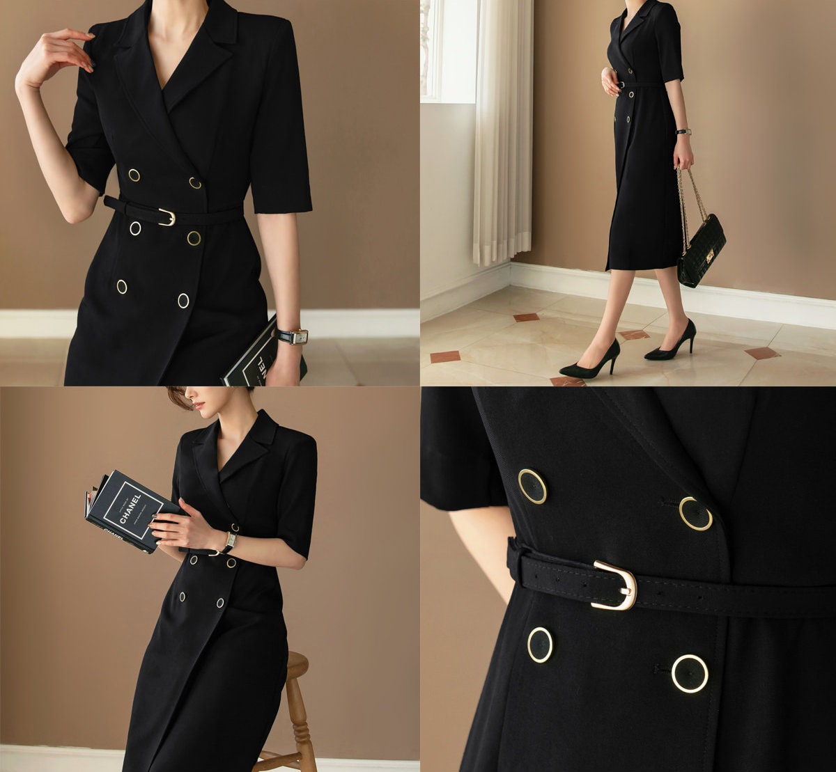 Korean Style Double Breasted Blazer Dress / V Neck Elegant Feminin Long Dress with Belt / Short Sleeve Modern Chic Midi Dress / Plus Size