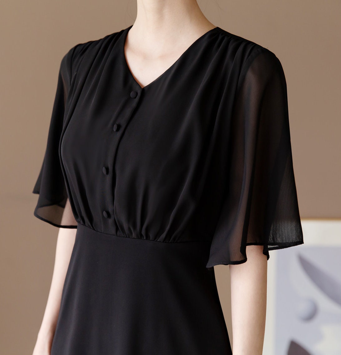 Half Wing Chiffon sleeve V-neck Spring Summer Dress / Korean Style Black Midi Dress / Luxury wear Elegant Dress / Plus Size Dress