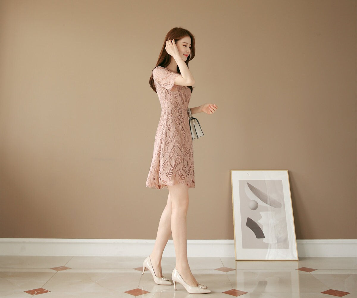 Short Sleeve Spring Summer Lace Mini Dress / Korean Style Pink Midi Dress / Luxury wear Elegant Dress / Bridesmaid Dress / Plus Size Dress