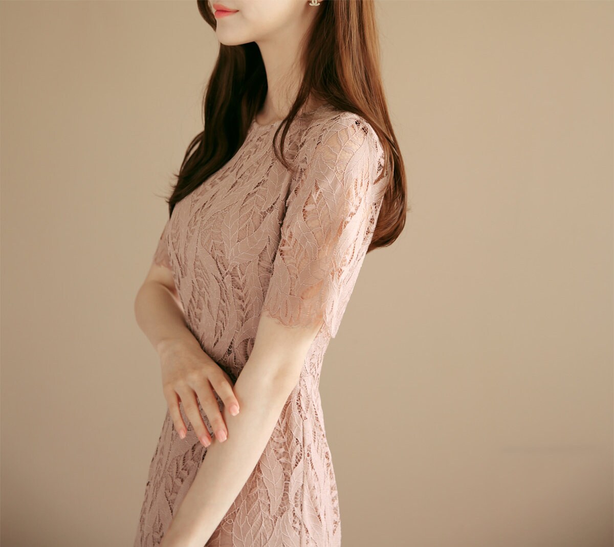 Short Sleeve Spring Summer Lace Mini Dress / Korean Style Pink Midi Dress / Luxury wear Elegant Dress / Bridesmaid Dress / Plus Size Dress