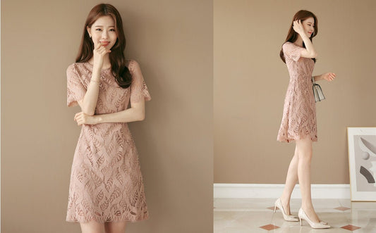 Short Sleeve Spring Summer Lace Mini Dress / Korean Style Pink Midi Dress / Luxury wear Elegant Dress / Bridesmaid Dress / Plus Size Dress