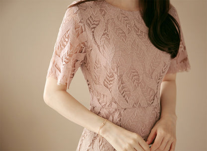 Short Sleeve Spring Summer Lace Mini Dress / Korean Style Pink Midi Dress / Luxury wear Elegant Dress / Bridesmaid Dress / Plus Size Dress