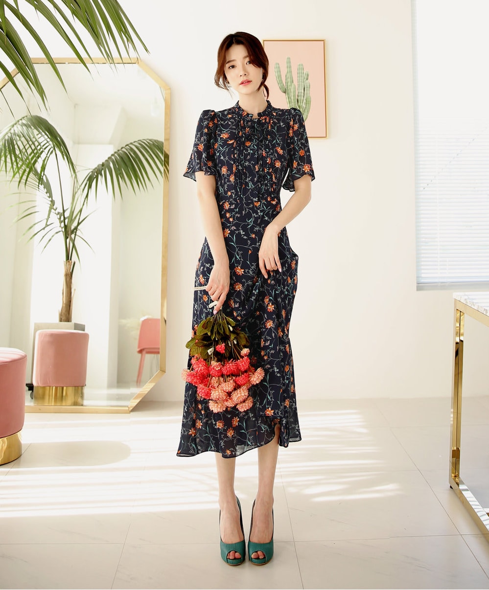 Floral Chiffon Long Dress / Short Sleeve Spring Summer Side Slit Dress / Korean Style Feminin Midi Dress / Plus Size Dress