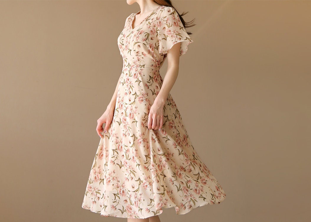 Floral Pattern Spring Summer Midi Dress / Korean Style Women Long Dress / Short Sleeve Dress / Feminin Elegant Dress / Plus Size Dress