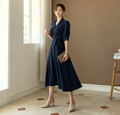 Korean Style Pintuck Midi Dress / Hidden Button Belted Shirt Dress / V-neck Spring Summer Long Dress / Elegant Feminin Dress / Plus Size