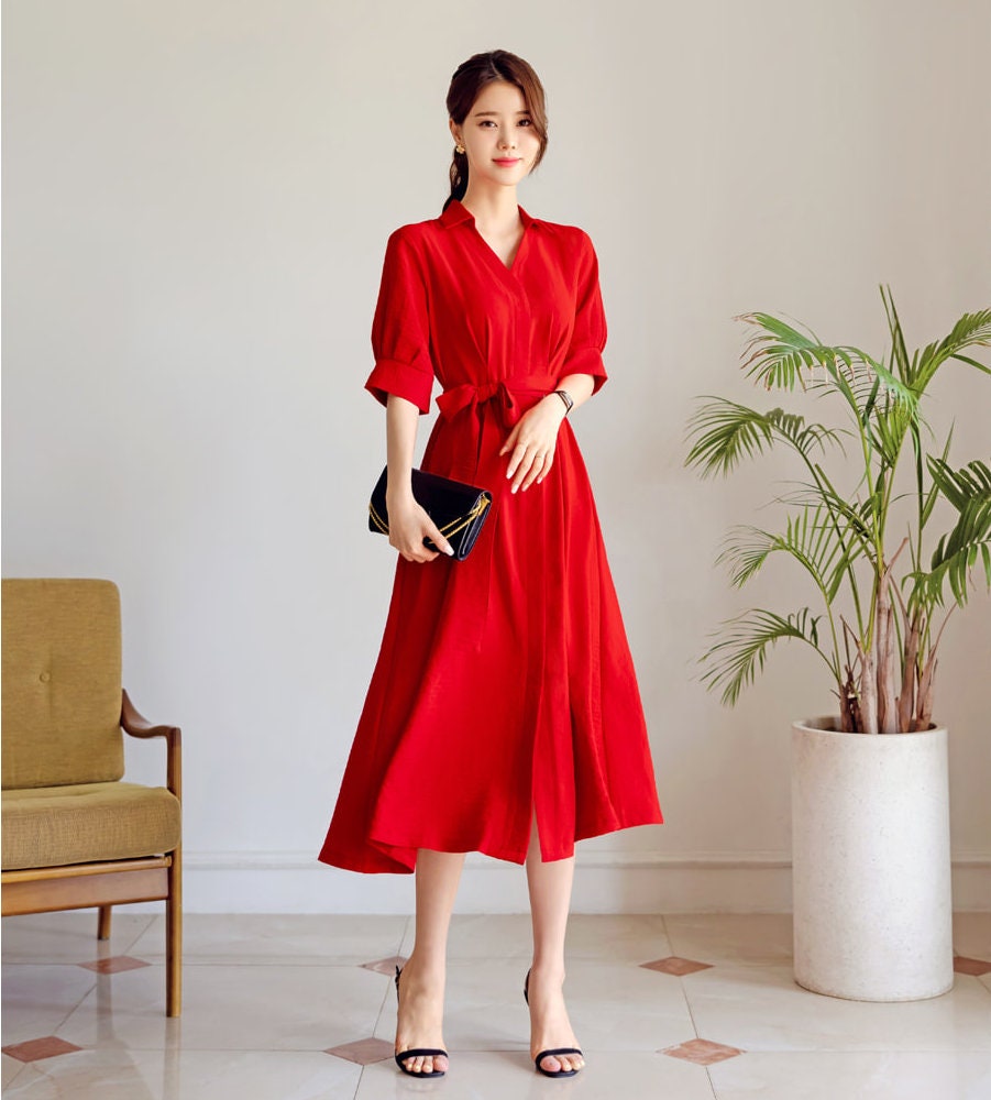 Korean Style Pintuck Midi Dress / Hidden Button Belted Shirt Dress / V-neck Spring Summer Long Dress / Elegant Feminin Dress / Plus Size