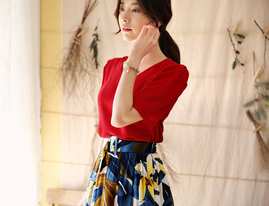 Spring Summer Short Sleeve V Neck Blouse / Korean Style Women Clothes / Puff Sleeve Office Look Top / Everyday Soft Blouse / Plus Size