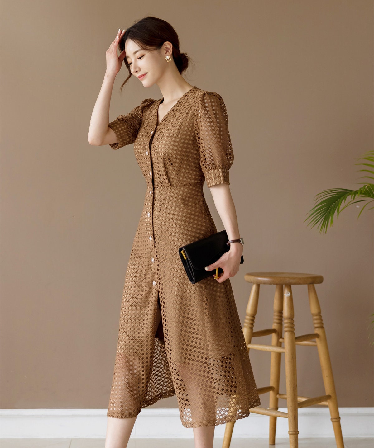 V Neck Puff Sleeve Eyelet Lace Button Long Dress / Korean Style Elegant Feminin Shirtdress / Short Sleeve Midi Dress / Plus Size Dress