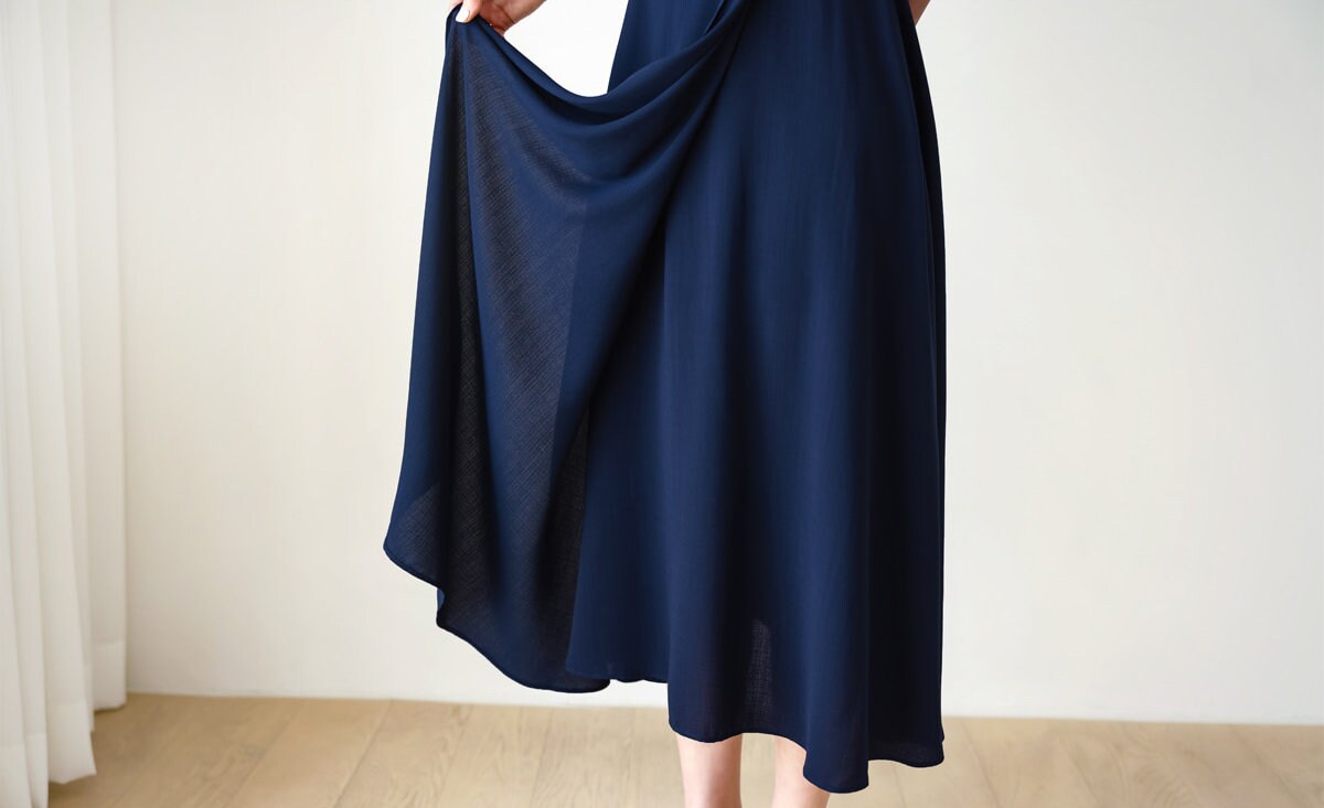 Navy draped Midi Dress / V-neck Spring Summer Long Dress / Korean Style Women Dress / Elegant Feminin Dress / Plus Size Dress