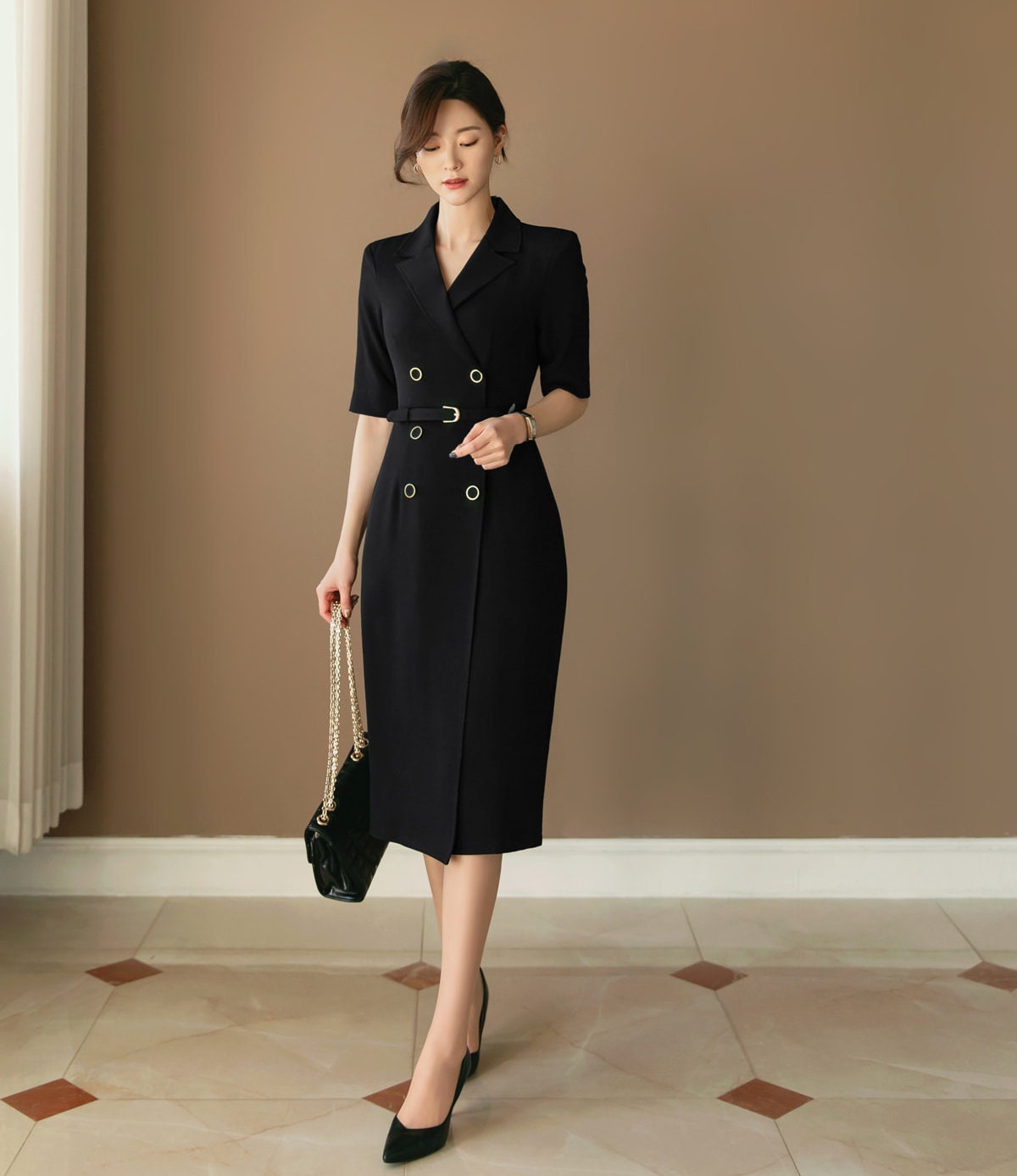 Korean Style Double Breasted Blazer Dress / V Neck Elegant Feminin Long Dress with Belt / Short Sleeve Modern Chic Midi Dress / Plus Size