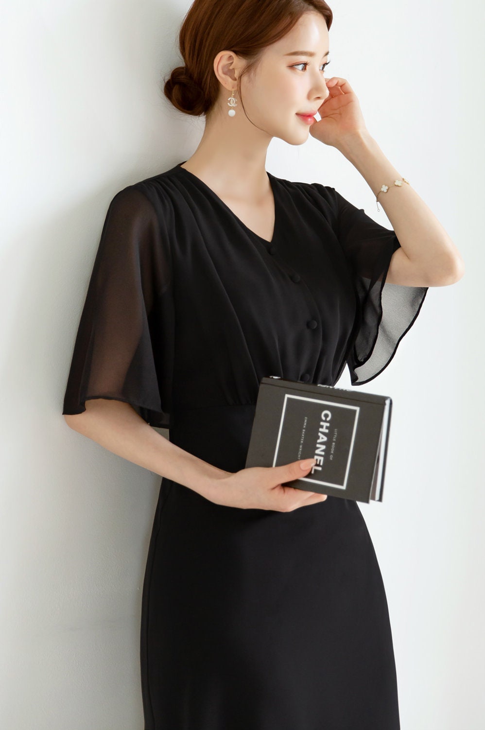 Half Wing Chiffon sleeve V-neck Spring Summer Dress / Korean Style Black Midi Dress / Luxury wear Elegant Dress / Plus Size Dress