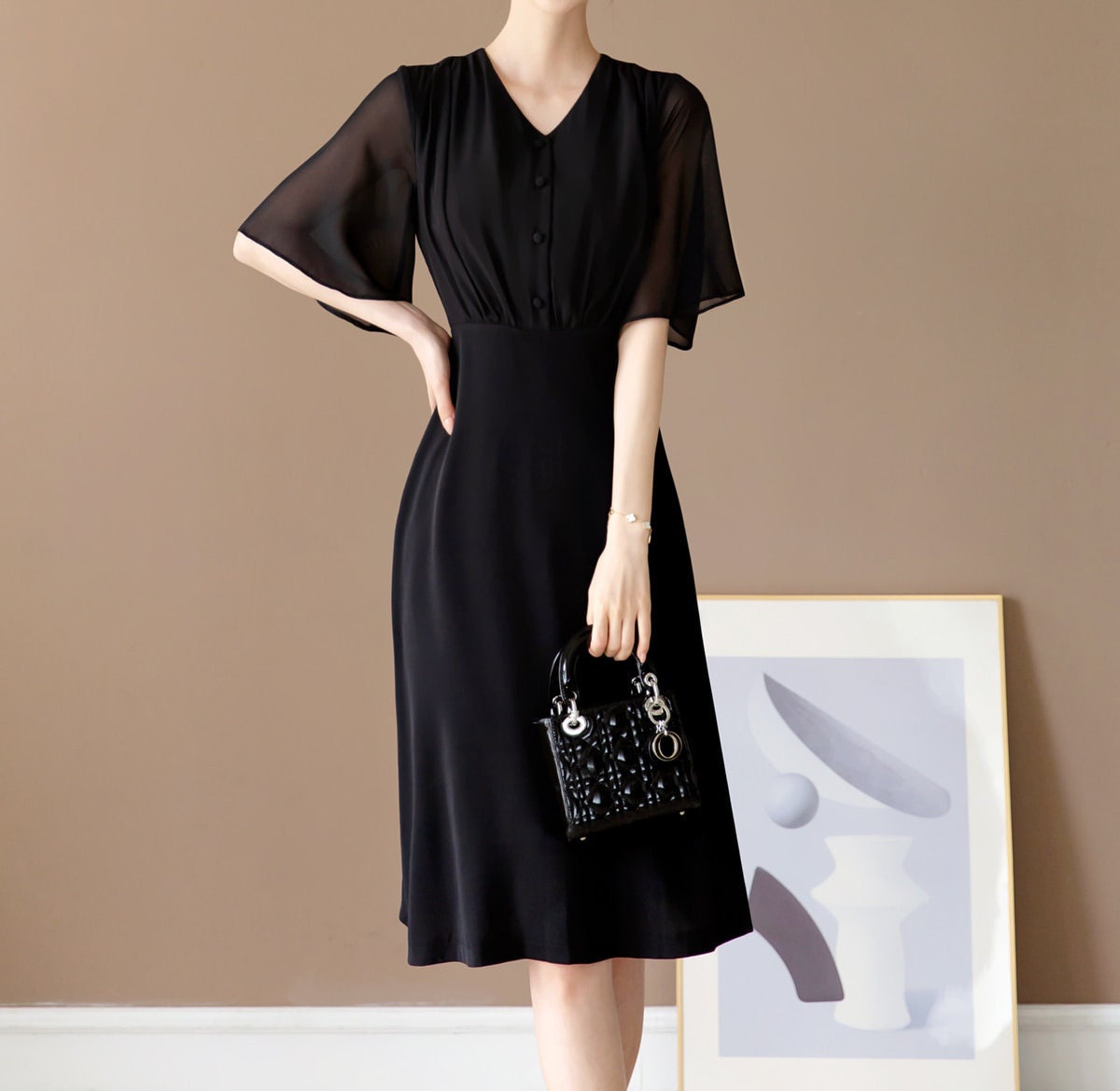 Half Wing Chiffon sleeve V-neck Spring Summer Dress / Korean Style Black Midi Dress / Luxury wear Elegant Dress / Plus Size Dress