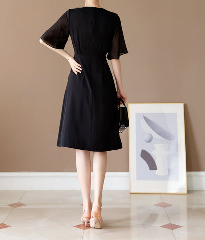 Half Wing Chiffon sleeve V-neck Spring Summer Dress / Korean Style Black Midi Dress / Luxury wear Elegant Dress / Plus Size Dress