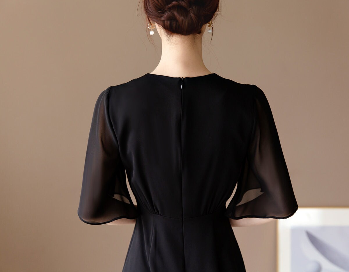 Half Wing Chiffon sleeve V-neck Spring Summer Dress / Korean Style Black Midi Dress / Luxury wear Elegant Dress / Plus Size Dress